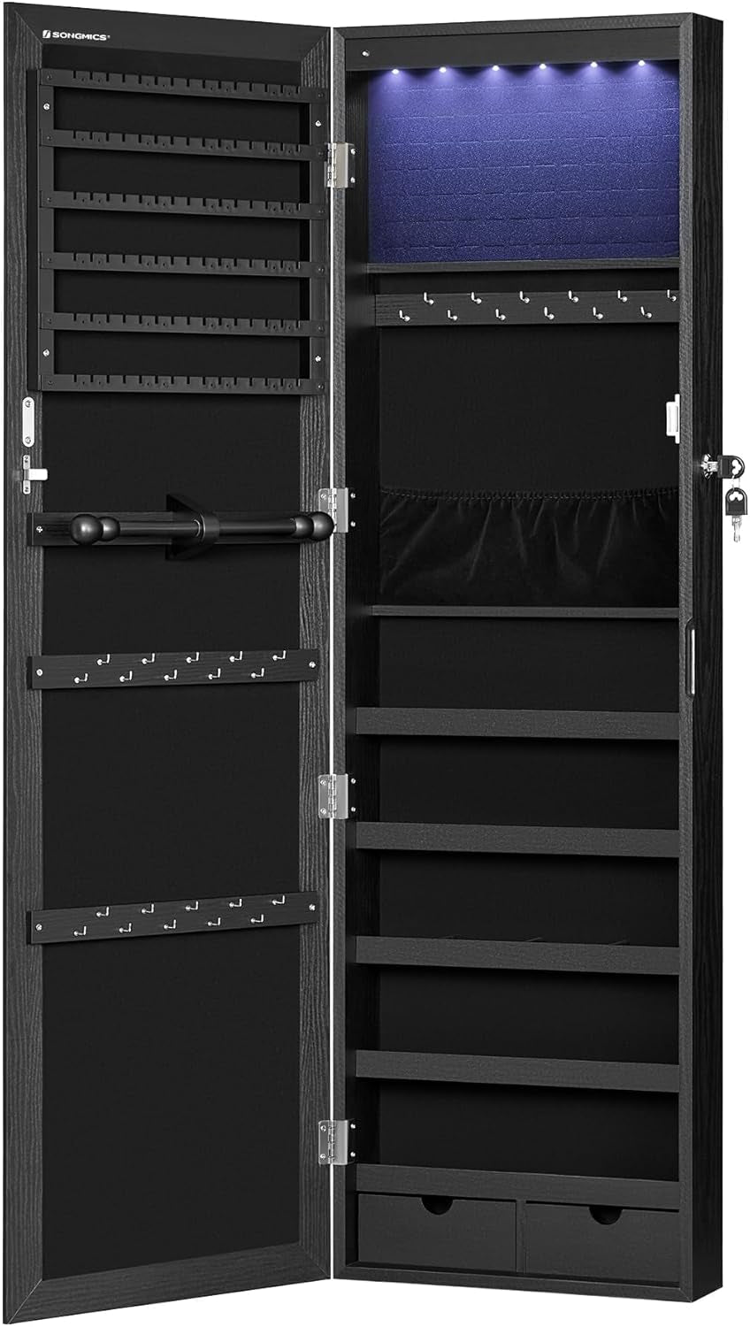 6 Leds Mirror Jewelry Cabinet, 47.2-Inch Tall Lockable Wall or Door Mounted Jewelry Armoire Organizer with Mirror, 2 Drawers, 3.9 X 14.6 X 47.2 Inches, Black UJJC093B01