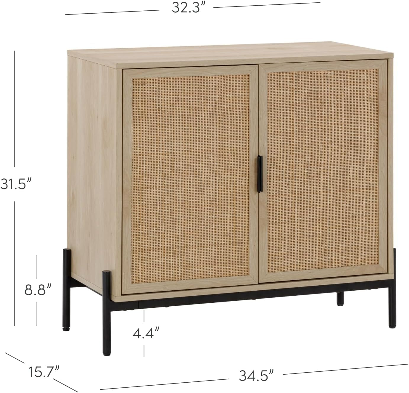 Andrew Bohemian Entryway Storage Cabinet or Kitchen Sideboard Credenza, Rattan Accent Cabinet with Metal Legs, Light Oak/Matte Black