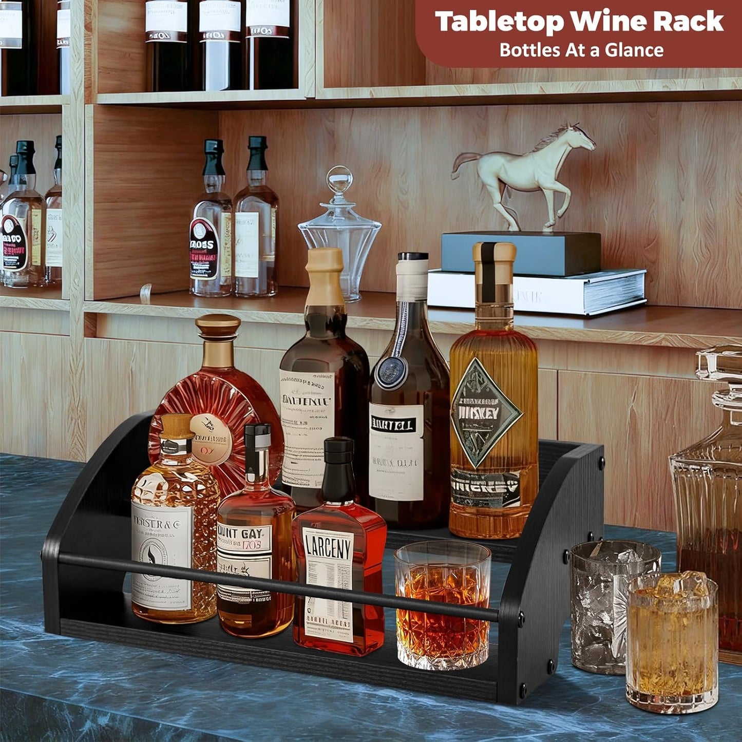 Liquor Bottle Display Shelf, Coffee Syrup Rack Organizer, 2 Step Countertop Wine Rack, Home Retro Bar Shelf Stand for Liquor Whiskey, Spirits, Kitchen Organizer for Seasonings, Spice & Tea (Black)