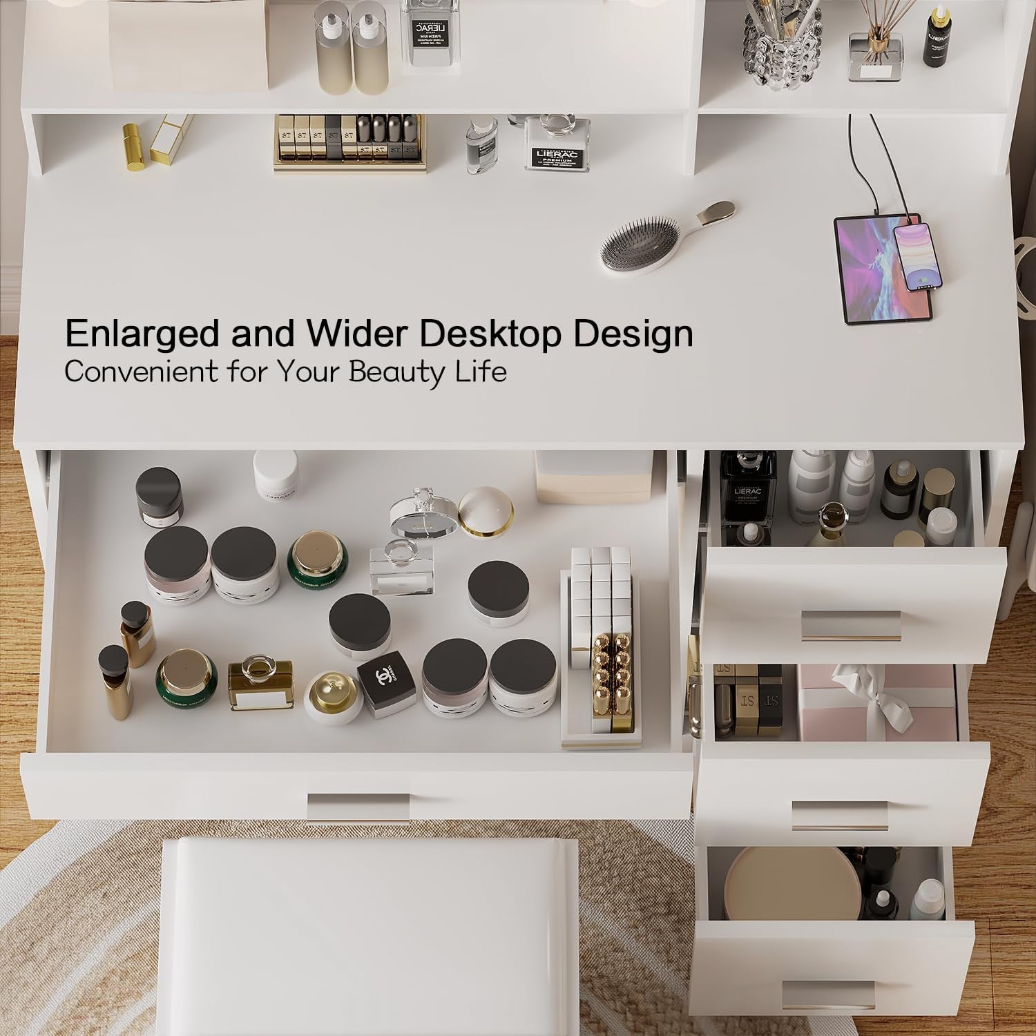 Vanity Desk with Mirror, Power Outlet and 10 Lights, Makeup Table with 4 Drawers, 3 Color Modes Available for Bedroom, White