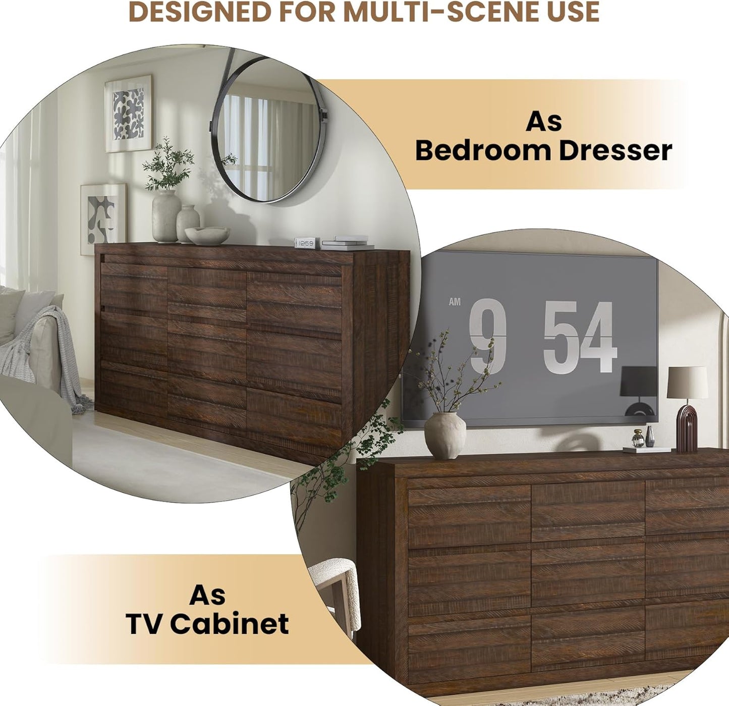 Modern 9 Drawer Dresser for Bedroom, Wide Chest of Drawers with Anti-Tipping Device, Wooden Storage Cabinet and TV Stand for Closet, Living Room or Hallway,Brown