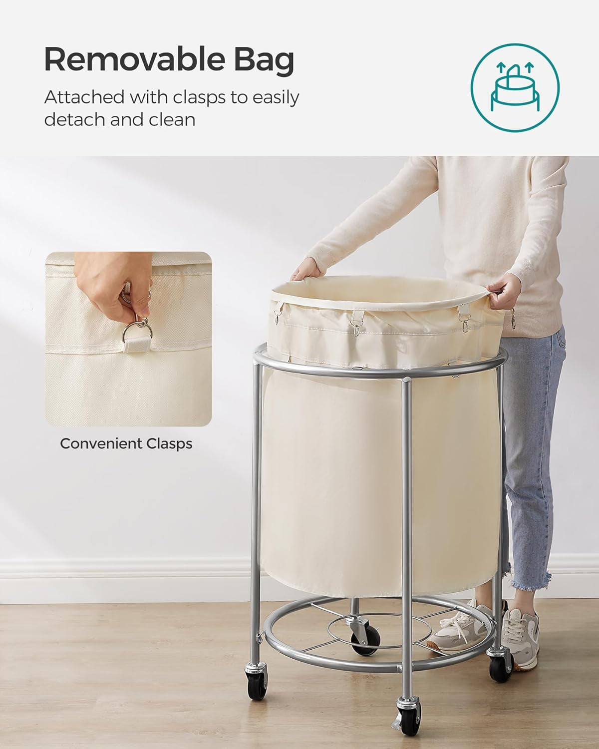 50.2-Gallon (190 L) Laundry Basket with Wheels, Rolling round Heavy-Duty Laundry Hamper Cart with Steel Frame and Removable Bag, 2 Locking Wheels, Cream White and Metallic Silver URLS01MZ