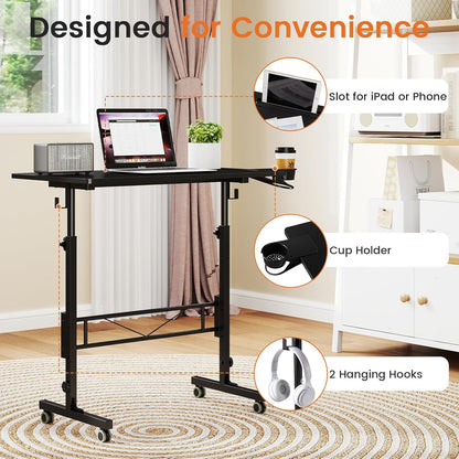 Small Standing Desk Adjustable Height, Mobile Stand up Desk with Wheels, Portable Walking Pad Table Stand, Rolling Laptop Cart for Standing or Sitting, Black