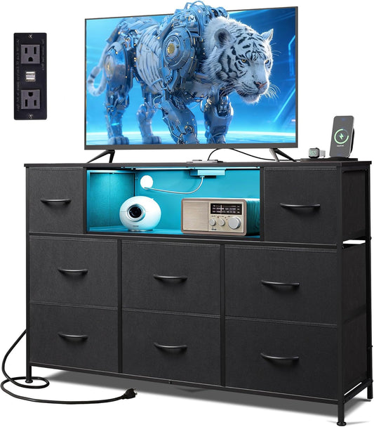 Black TV Stand for 45, 50, 55 Inch TV, TV Media Console Table with LED Lights & Charging Station, Entertainment Center with 8 Fabric Drawers and Open Shelves for Living Room, Hallway