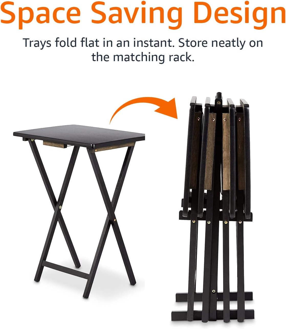 Portable TV Dinner 4-Pack Rectangular Folding Tray Table with Storage Rack, Black, 15" X 19" X 26"