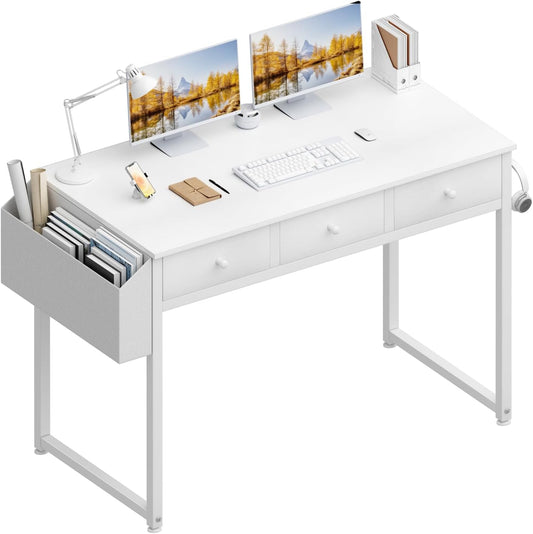 Small White Computer Desk with Fabric Drawers for Home Office Bedroom, 40 Inch Vanity Desk with Drawer Storage and Side Pouch, Study Writing Table, White
