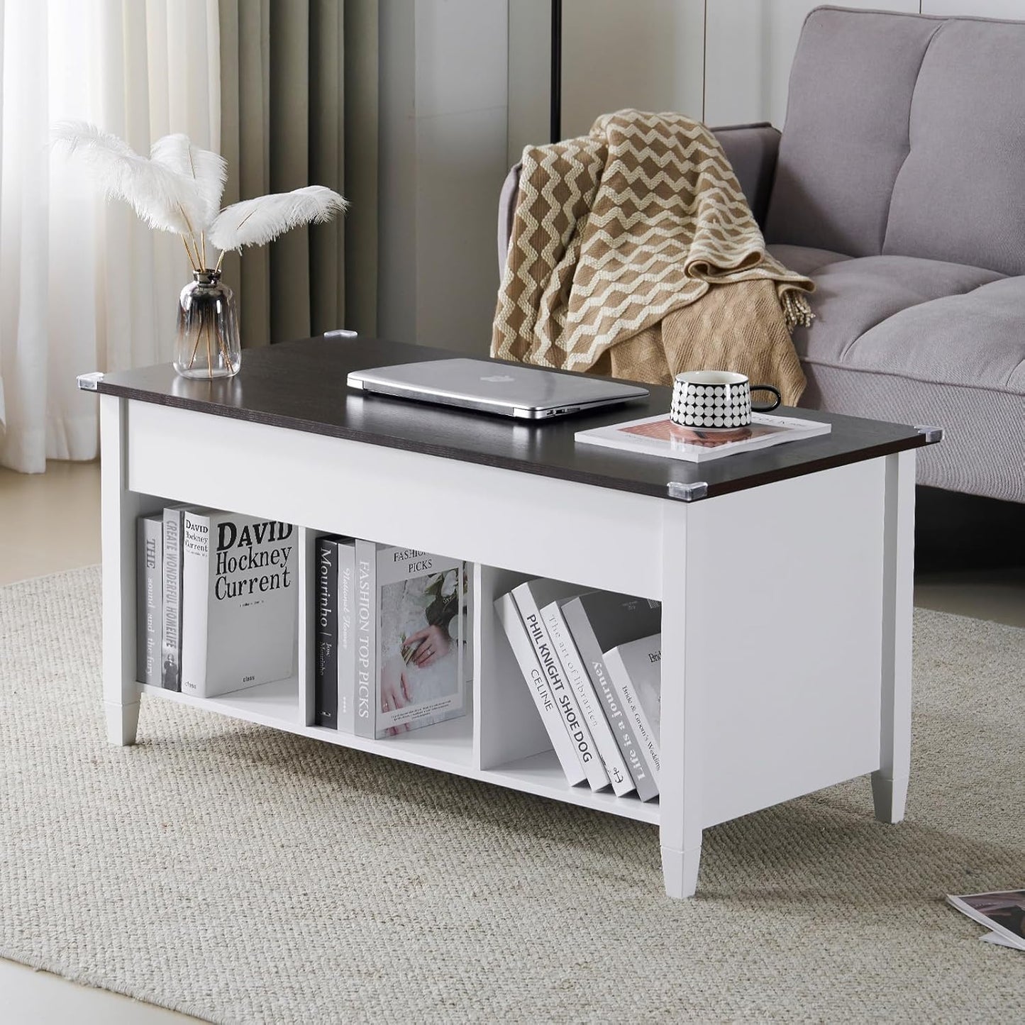Farmhouse Lift Top Coffee Table, Rustic Grey with Storage Shelf/Hidden Compartment, Mesa De Centro Para Sala, Rustic Brown (White Brown, 40" L)