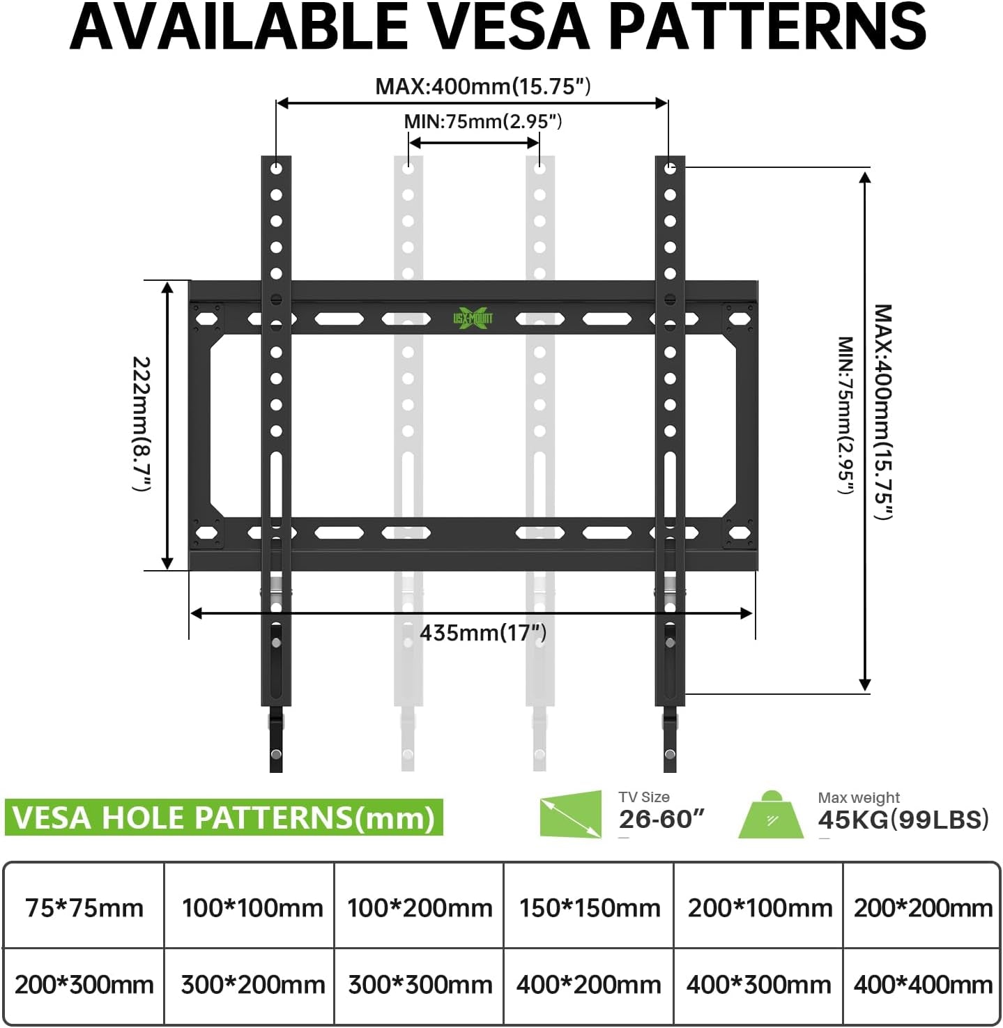 Fixed TV Wall Mount with Low Profile for Most 26-60 Inch LED, LCD and Flat Screen Tvs, Wall Mount Bracket with VESA up to 400X400Mm and Weight Capacity 99Lbs,And Space Saving TV Bracket