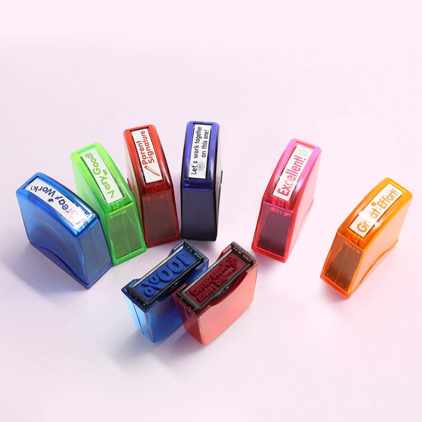 8PCS Teacher Stamp Set,Colorful Self-Inking Motivational Classroom Stamper for Grading,Encouraging Rating Stamp Student,Parent Signature Stamps for Homework,School Homeschool Reward Supplies