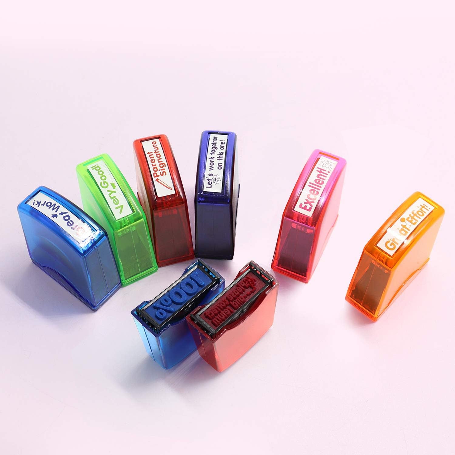 8PCS Teacher Stamp Set,Colorful Self-Inking Motivational Classroom Stamper for Grading,Encouraging Rating Stamp Student,Parent Signature Stamps for Homework,School Homeschool Reward Supplies