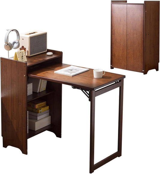 Bamboo Folding Desk with Storage Shelves, Space Saving Mid Century Modern Bookcase with Drop down Table, Hide Away Desk for Home Bedroom Study Office