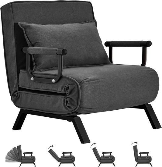 Convertible Bed Sleeper Chair,Tri-Fold Upholstered Armchair Sleeper with Pillow,Folding Leisure Chaise Lounge Couch,6 Angle Adjustable Backrest Single Lazy Bed for Office (Dark Gray, Regular)