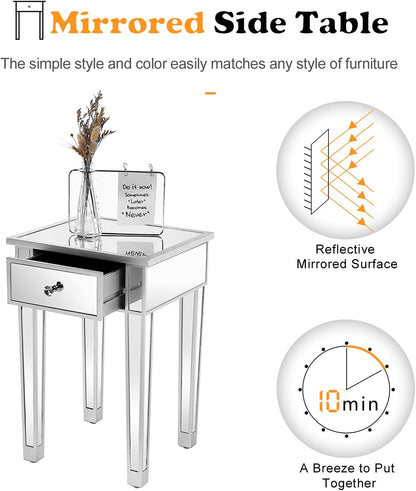 Mirrored End Table with Drawer Silver Modern Nightstand/Bedside/Accent Table for Small Space,Living Room,Bedroom,15.7" L X 15.7" W X 24" H,Mirror