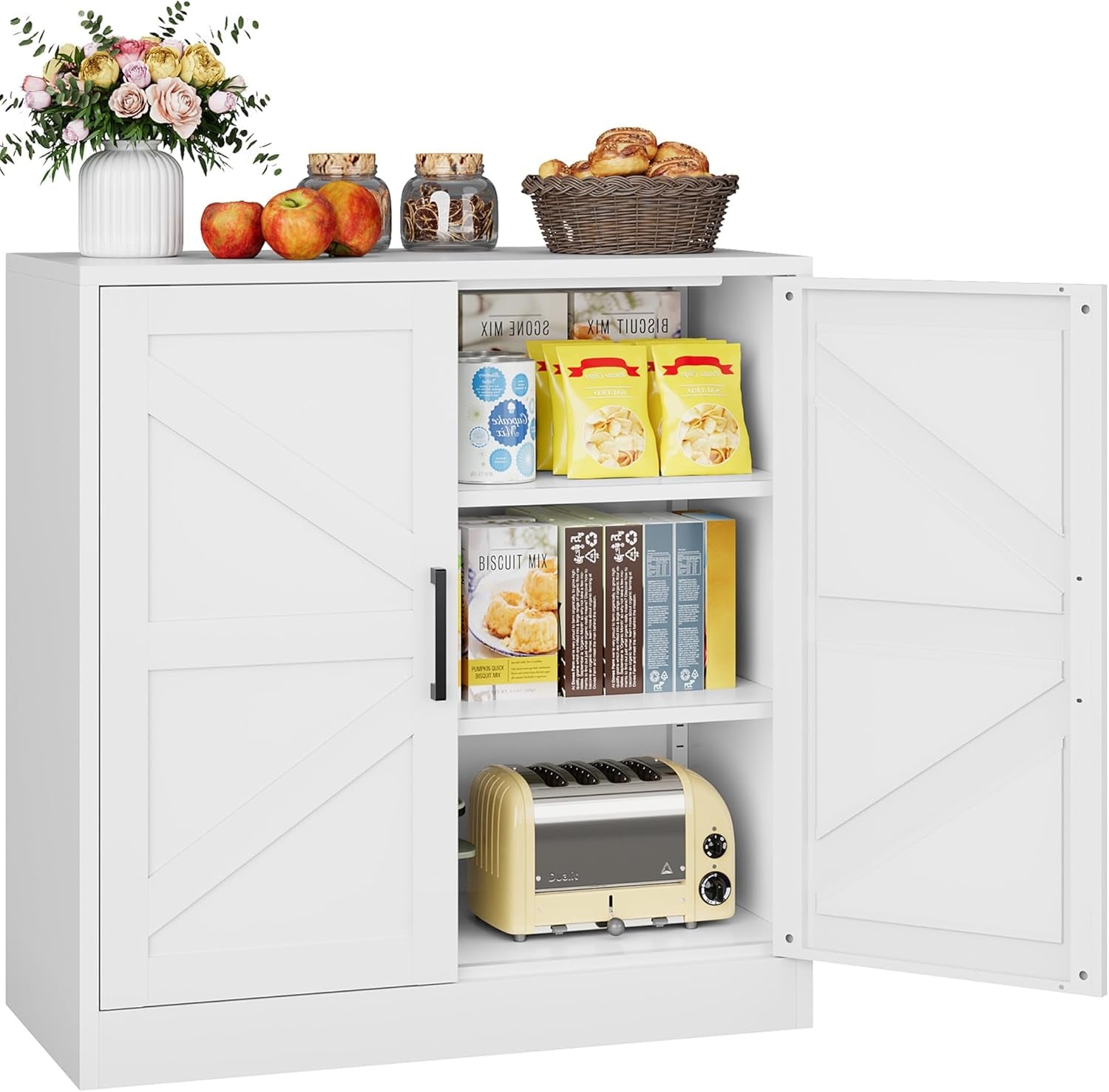 White Storage Cabinet with Doors and Adjustable Shelves,36" Farmhouse Food Pantry Cabinets,Small Sideboard Cabinet,Short Metal Storage Cabinets for Home Kitchen,Dining/Living/Laundry/Room