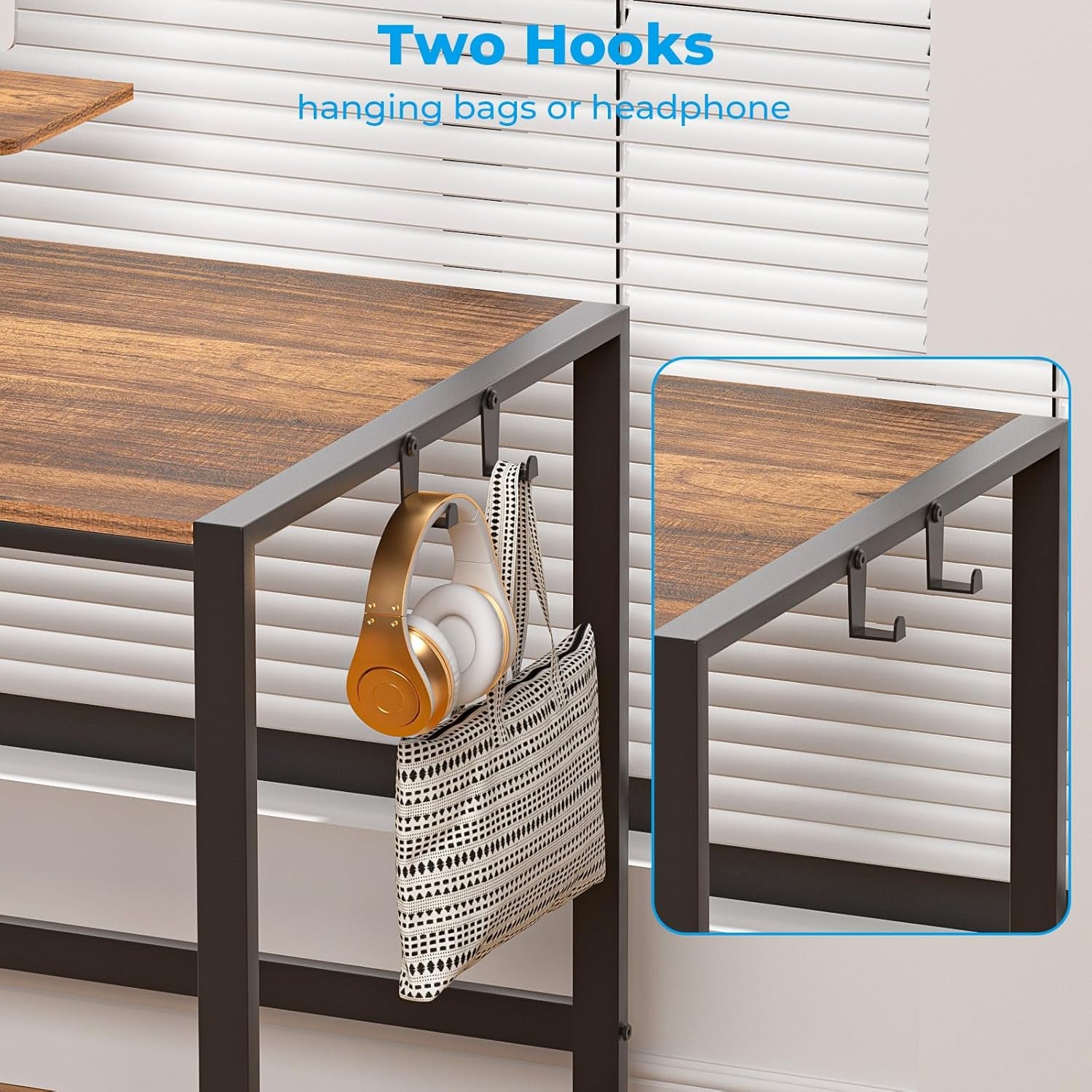 Computer Desk 58 Inch with Printer Shelf, Reversible Office Desk with Monitor Stand and 2 Hooks, Home Workstation for Study Writing Working Gaming, Brown