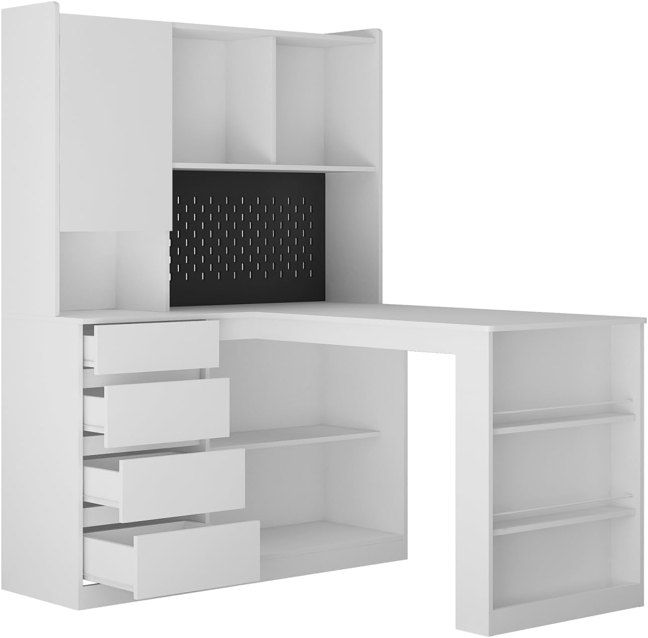 L Shaped Desk with Charger, Computer Desk with Drawers, Bookshelf, LED Light, Modern Corner Desk