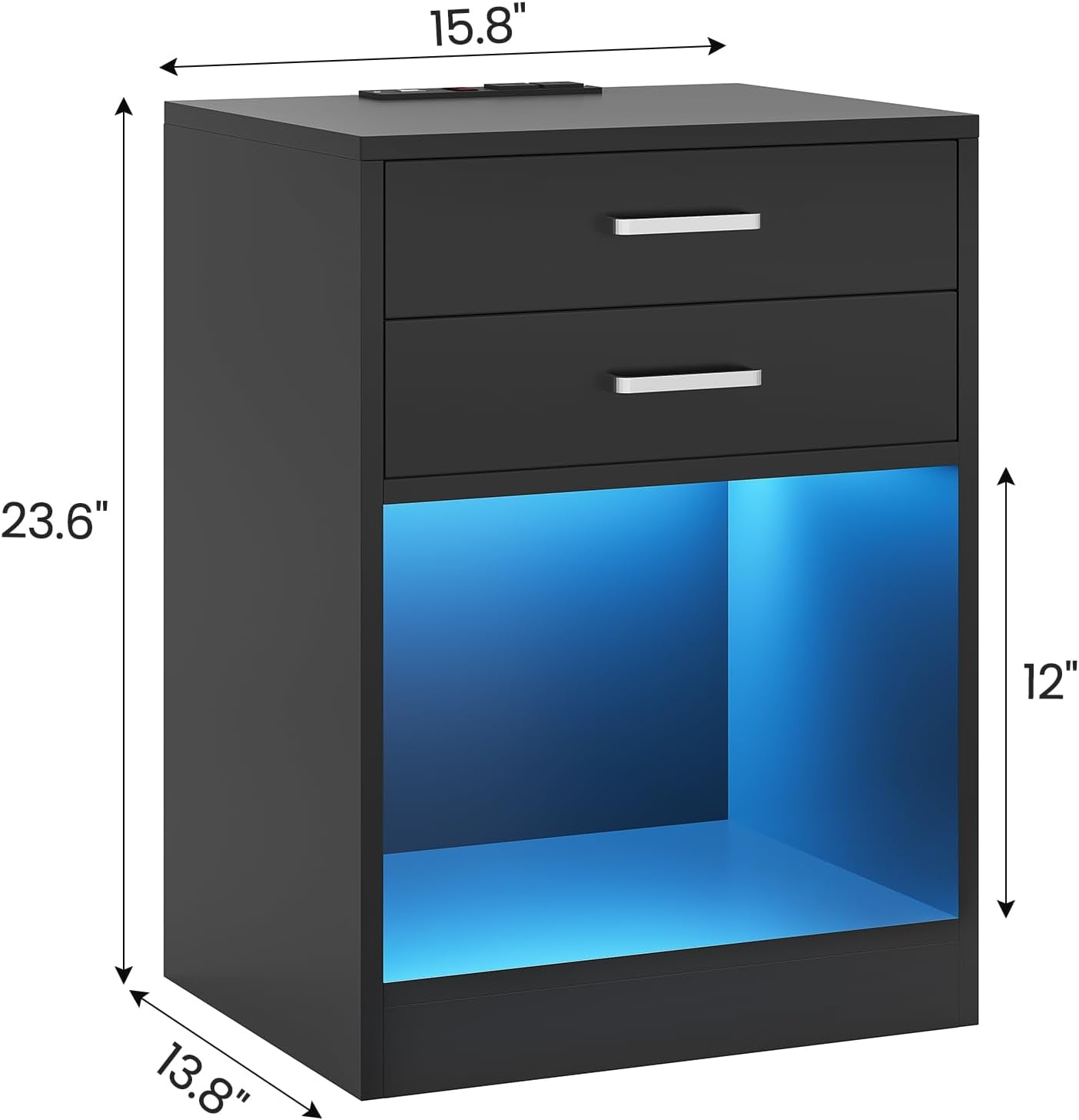 LED Nightstands Set of 2,Night Stands for Bedrooms Set of 2,Nightstand with Charging Station and LED Lights,Black Bedside Table with Power Outlets & Drawers,Modern End Side Table