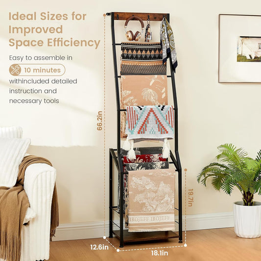 Blanket Ladder, 7 Tier Wooden Ladder Shelf with Hooks, 5.5Ft Blanket Holder Rack Farmhouse Ladder Rack for Storage and Home Decor, Rustic Brown and Black