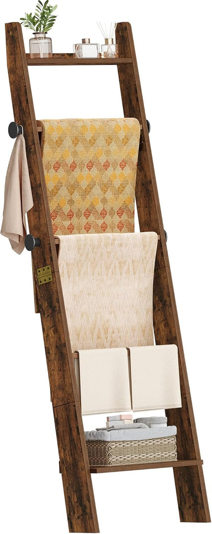 Blanket Ladder for Living Room, Decorative Quilt Rack with 4 Removable Hooks, 5-Tier Blanket Ladder Shelf for Bedroom,Rustic Brown BR30501X