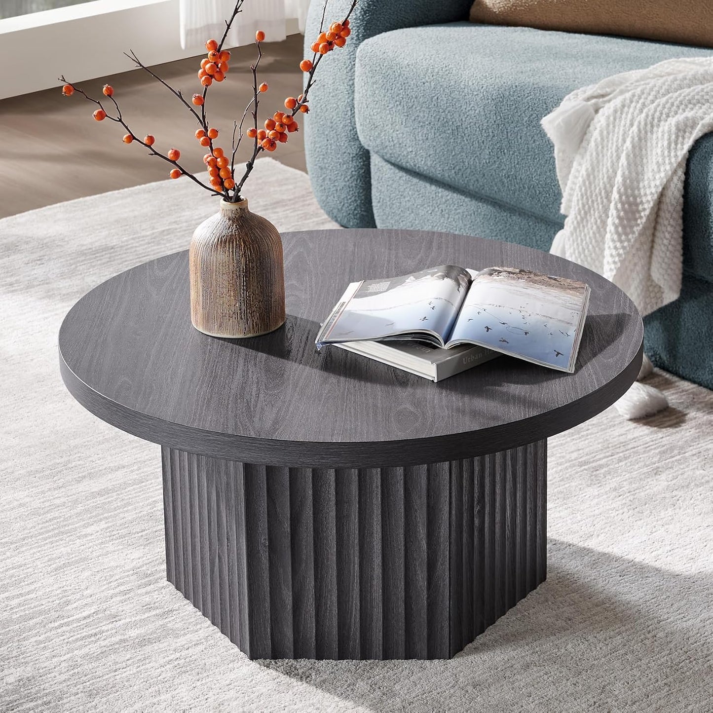 round Coffee Table for Living Room, Mid Century Modern Fluted Center Coffee Table with Storage, 32" Circle Accent Tea Dining Table for Apartment, Dark Grey Alder