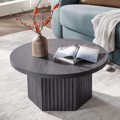 round Coffee Table for Living Room, Mid Century Modern Fluted Center Coffee Table with Storage, 32" Circle Accent Tea Dining Table for Apartment, Dark Grey Alder