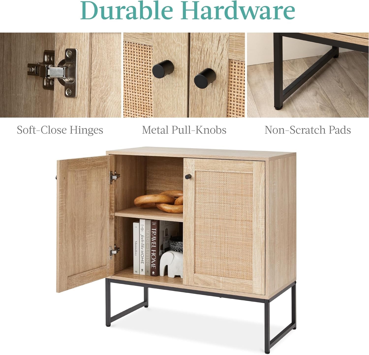 2-Door Rattan Storage Cabinet, Accent Furniture, Multifunctional Cupboard for Living Room, Hallway, Kitchen, Sideboard, Buffet Table W/Non-Scratch Foot Pads - Natural