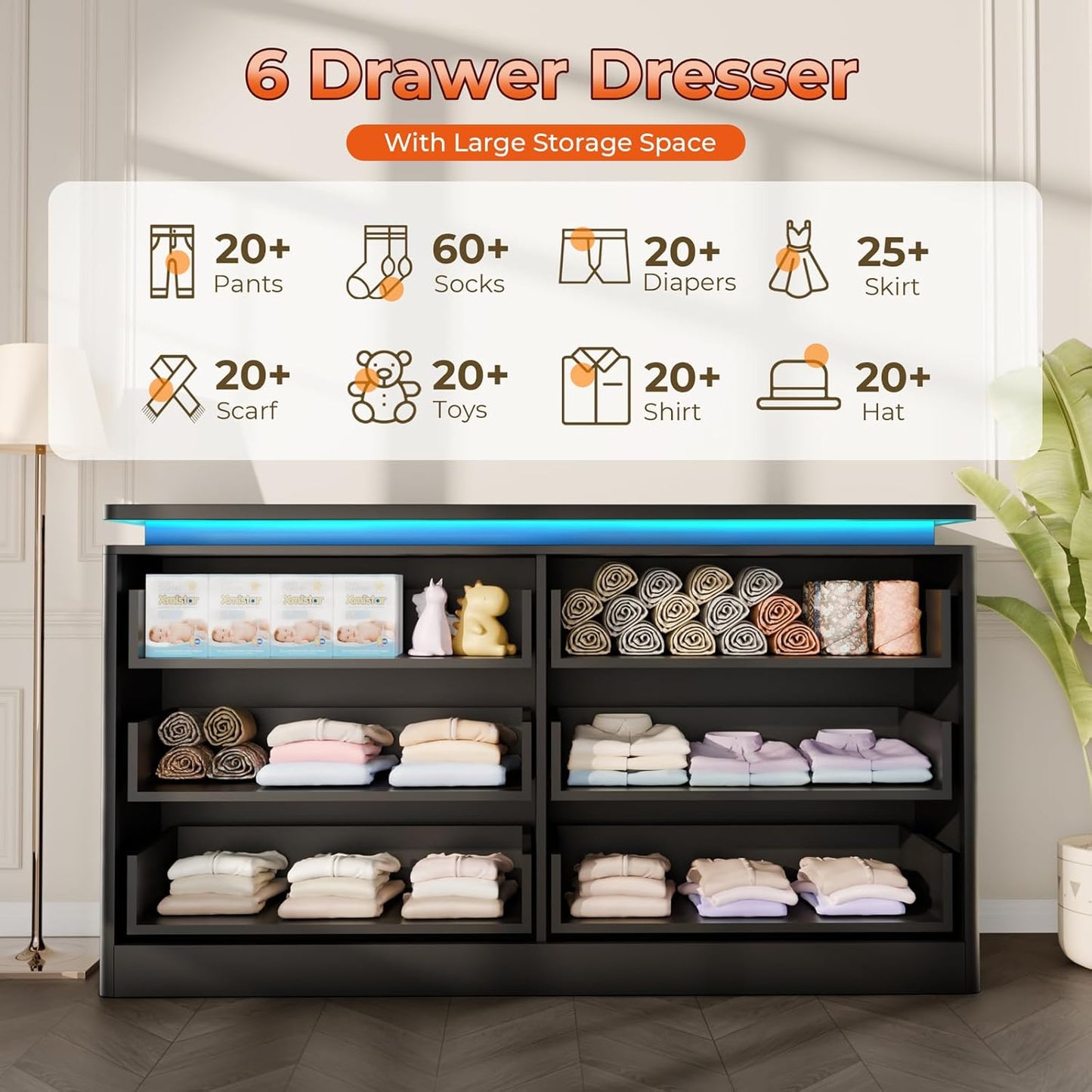 6 Drawer Black Dresser for Bedroom, 47.2" Long Chest of Drawers with Charging Station & LED Lights, Double Wooden Storage Cabinet for Closet,Modern Dresser TV Stand with Deep Drawers