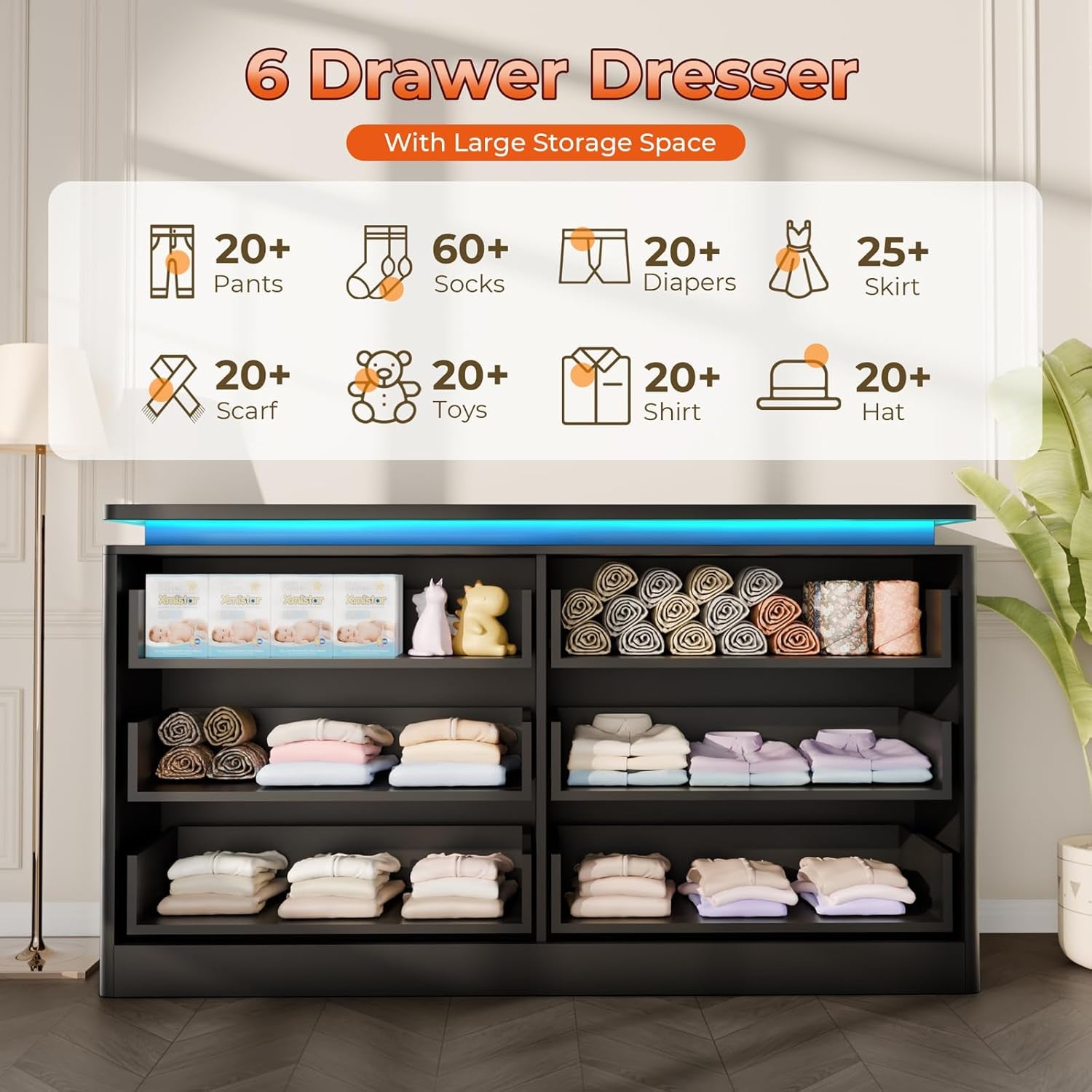 6 Drawer Black Dresser for Bedroom, 47.2" Long Chest of Drawers with Charging Station & LED Lights, Double Wooden Storage Cabinet for Closet,Modern Dresser TV Stand with Deep Drawers