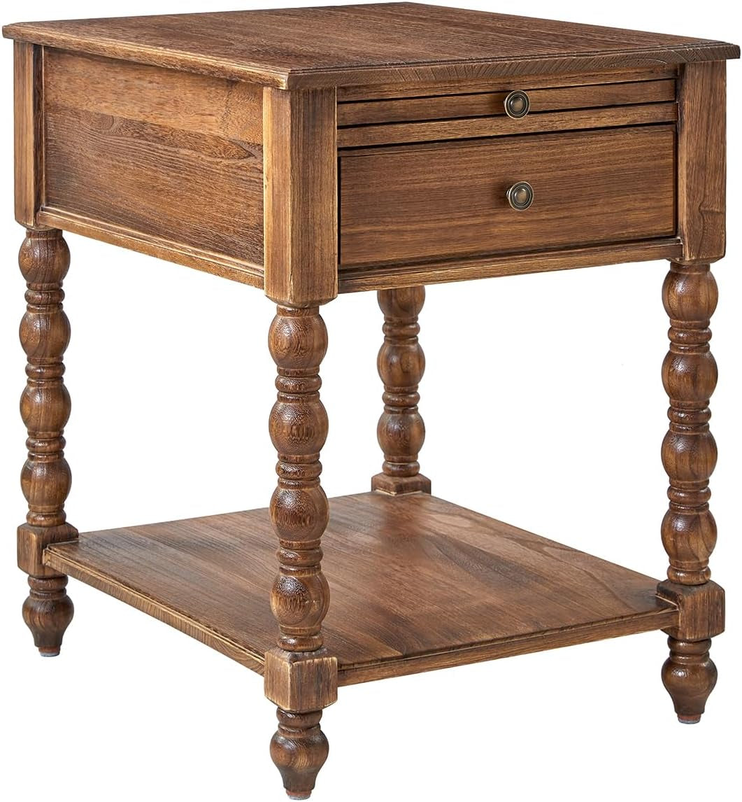 Spindle Nightstands with Charging Station, Solid Wood Nightstand with Drawer Shelf, Side Table with Pull-Out Shelf (Walnut)