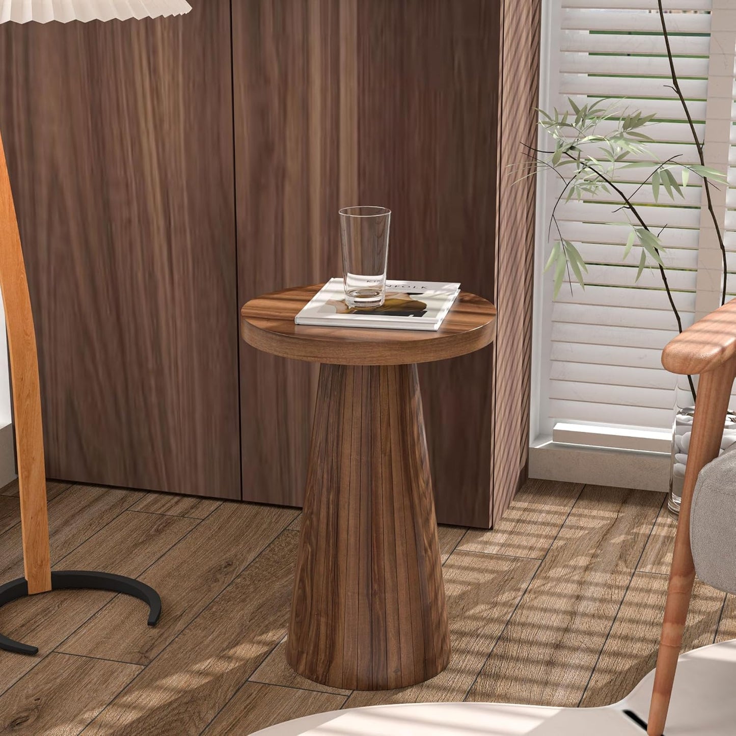 Small round Pedestal Side Table, Wooden End Table for Living Room, Fluted Drink Table for Small Space, Modern Plant Stand Accent Table for Sofa Couch, 13.6 Inch (Walnut)