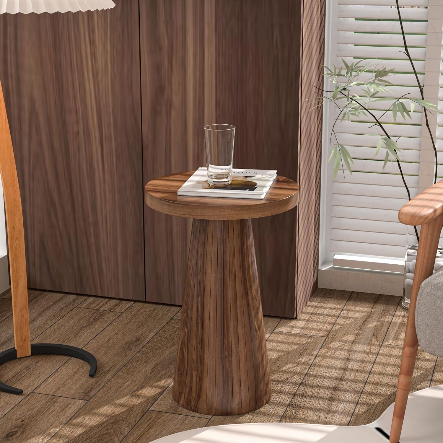 Small round Pedestal Side Table, Wooden End Table for Living Room, Fluted Drink Table for Small Space, Modern Plant Stand Accent Table for Sofa Couch, 13.6 Inch (Walnut)