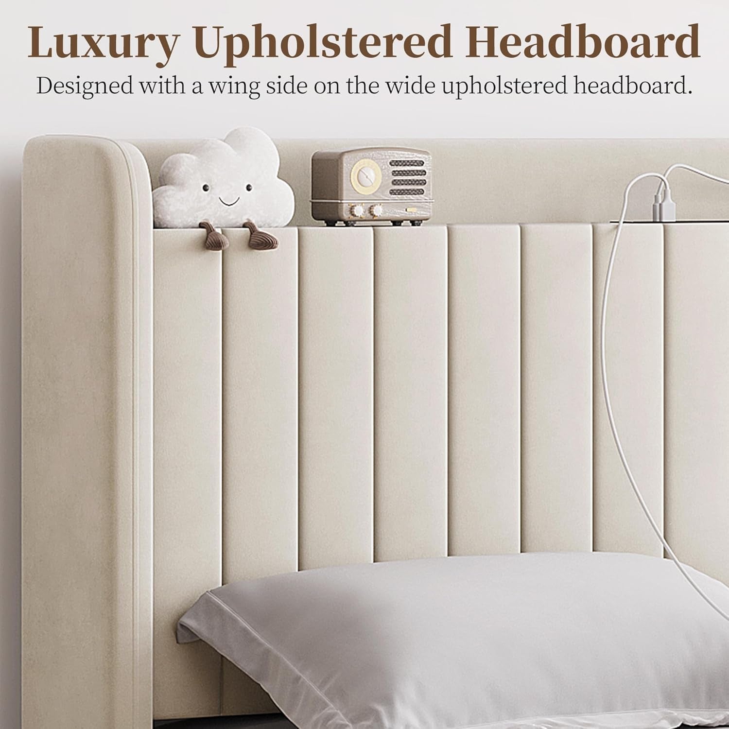 Queen Bed Frame with USB Charging Station and Storage Shelf/Upholstered Headboard Platform Bed with Wing Side/Wooden Slats Support/Noise Free/No Box Spring Needed/Easy Assembly, Ivory