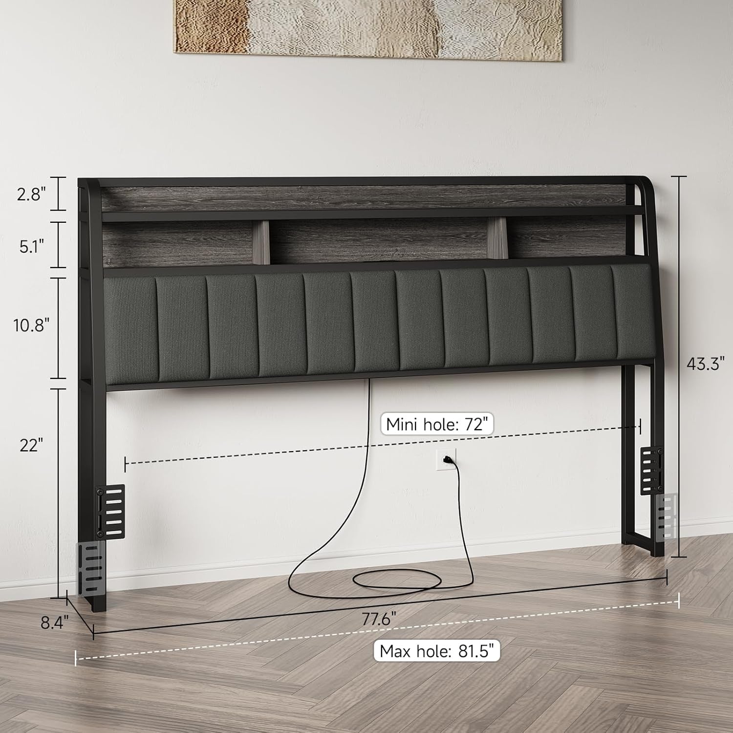 King Headboard Only with Storage, Upholstered Headboards for King Size Bed with LED Light, Charging Station, Height Adjustable, Sturdy and Stable Headboard, Black & Grey