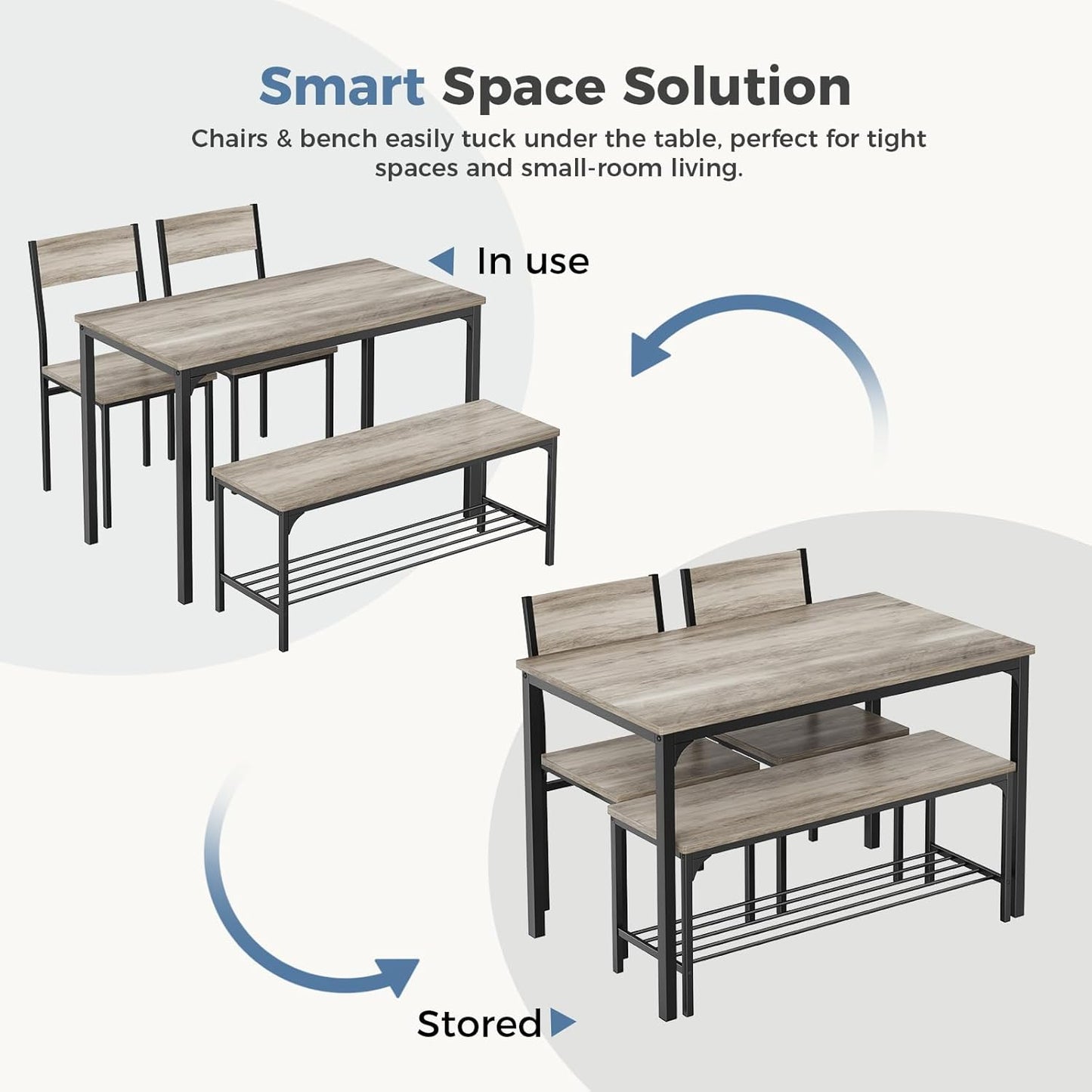 Dining Table Set, Dining Table for 4 with Bench, Kitchen Table, Space-Saving Ideal 4-Person Set for Dining Room Kitchen Apartment Corner Grey 4 Pack