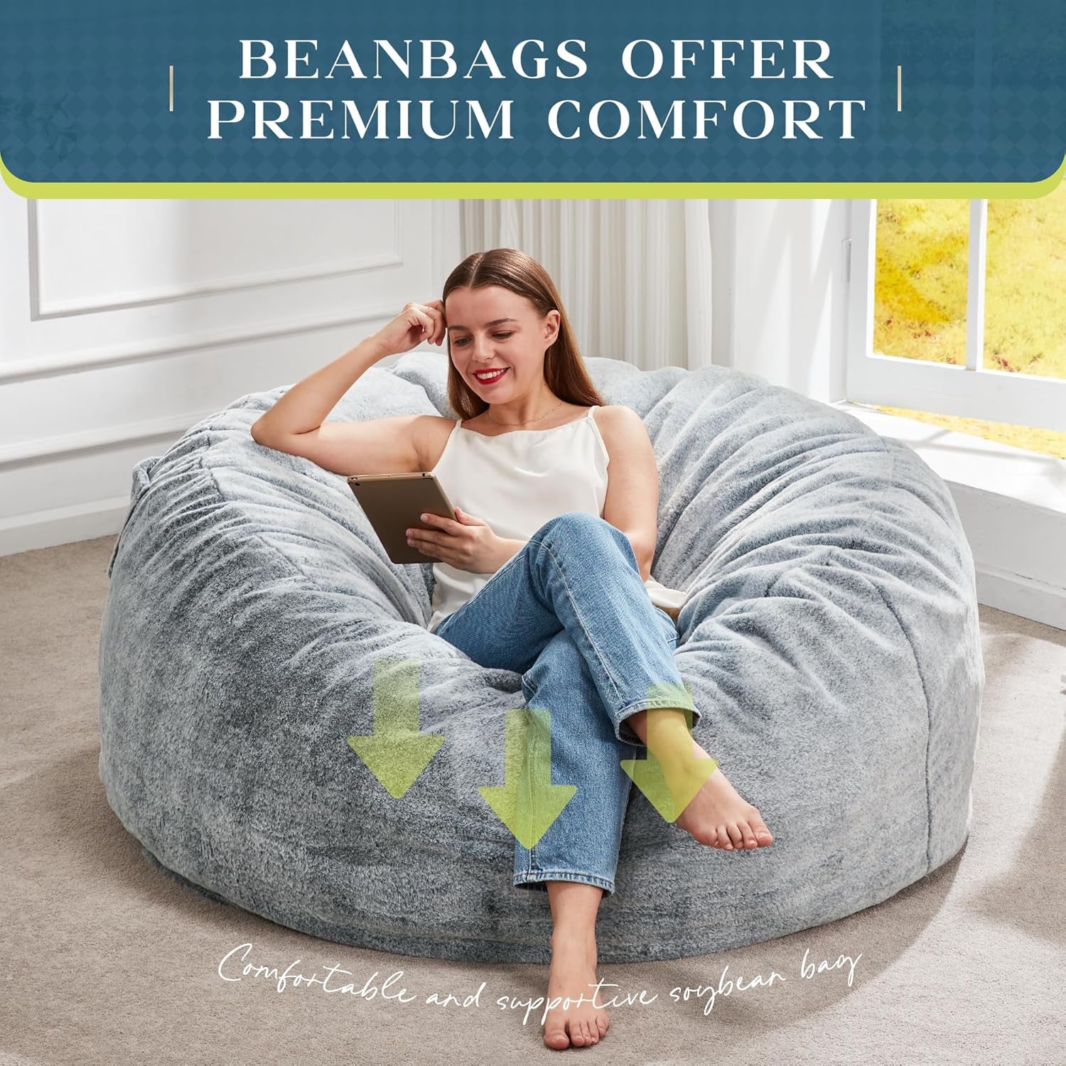 Bean Bag Chairs Giant Beanbag Chair with Filler, Memory Foam Bean Bags with Fluffy & Machine Washable Cover, Bean Bag Chairs for Aduts for Living Room, Bedroom (Grey, 4FT - 44” X 44” X 24”)