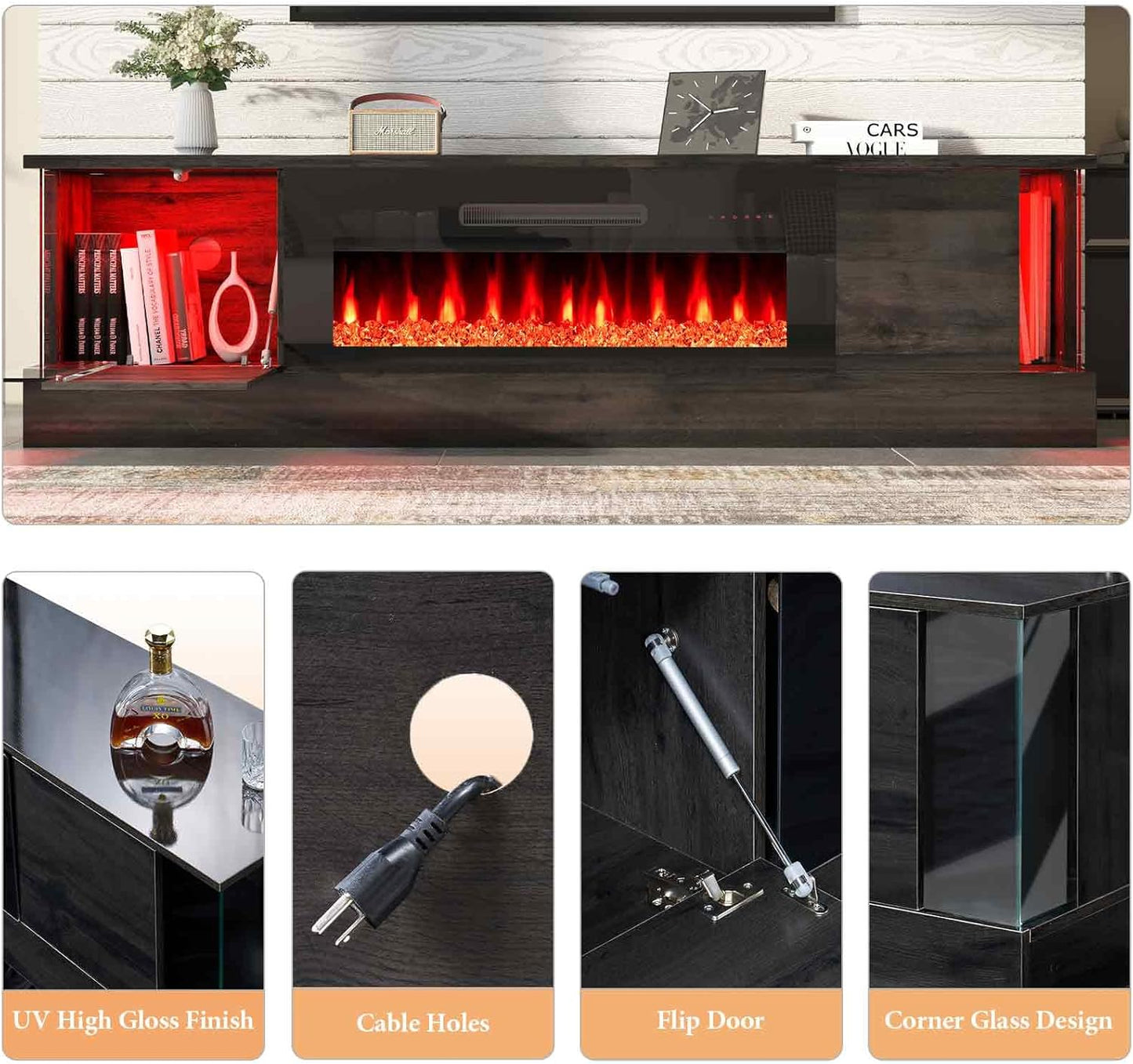 70" Glossy Oak Fireplace TV Stand with 36" Fireplace for Tvs up to 80", LED Lights Entertainment Center with Flip Doors & Corner Glass, Modern TV Console Table, Living Room, Black