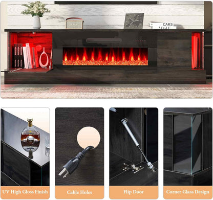 70" Glossy Oak Fireplace TV Stand with 36" Fireplace for Tvs up to 80", LED Lights Entertainment Center with Flip Doors & Corner Glass, Modern TV Console Table, Living Room, Black