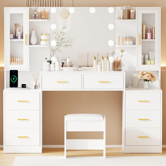 59.1" Large Vanity Desk with Mirror & Lights White Makeup Vanity Set with Power Outlet and 8 Drawers 3 Lighting Modes Adjustable Dressing Table for Girl Women Bedroom Dressing Room UBDT67W