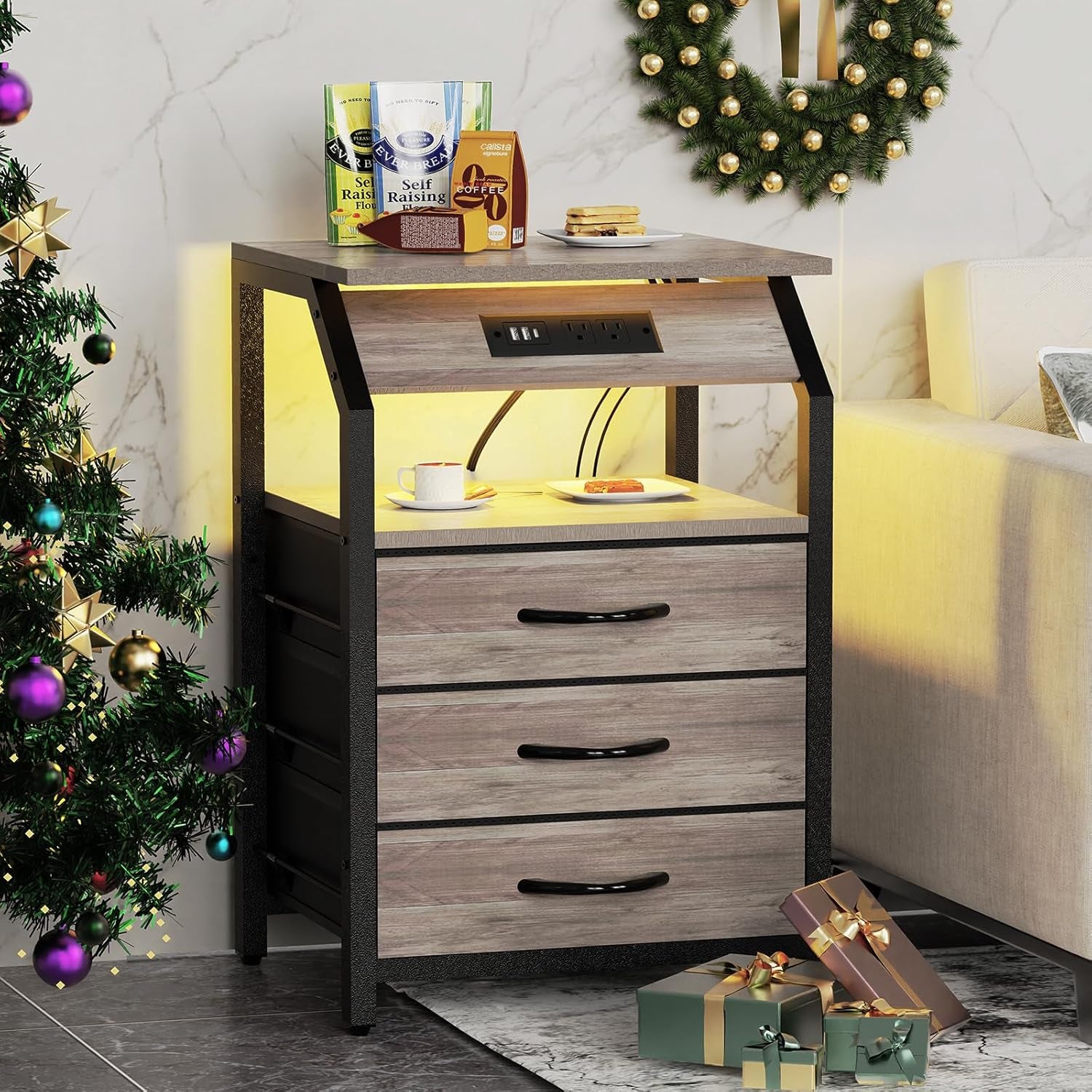 Night Stand Set of 2, Nightstands with Charger Station and LED Lights, End Tables Set with 3 Fabric Drawers, Storage Side Tables for Bedside, Living Room, Greige