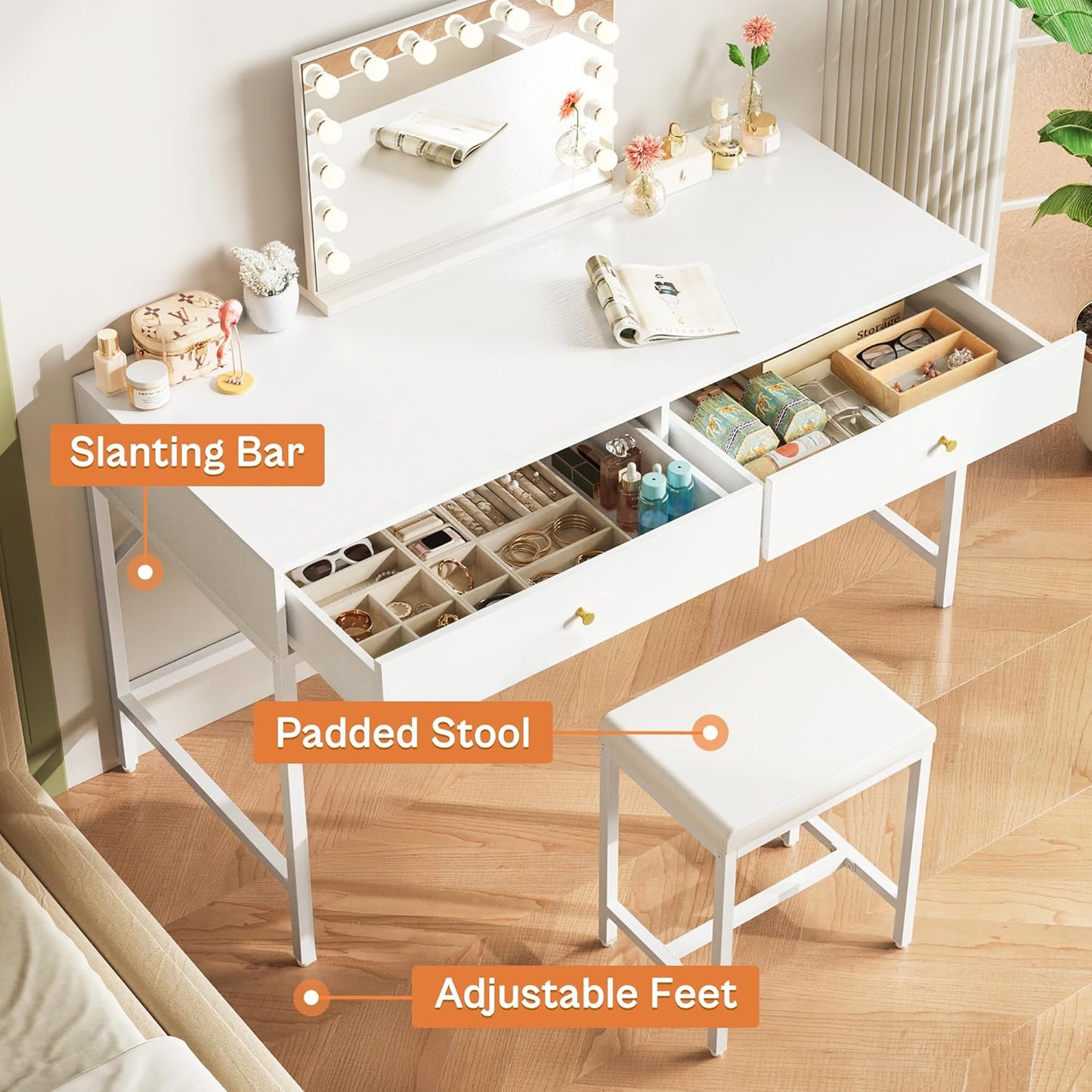 43-Inch White Desk with 2 Drawers and Padded Stool, Modern Makeup Vanity & Computer Desk with Storage for Home Office, Bedroom Study