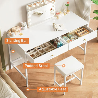 43-Inch White Desk with 2 Drawers and Padded Stool, Modern Makeup Vanity & Computer Desk with Storage for Home Office, Bedroom Study