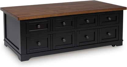Wildenauer Lift Top Cocktail Table, Satin Finish Base, 2 Drawers, 2 Storage Bins, Hardwood Solids, 52" W X 28" D X 19" H, Light Brown & Black