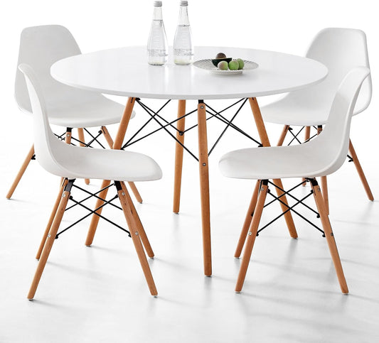 5-Piece round Dining Table Set, Small 35.5" Kitchen Table Chairs Set of 4 Space Saving Furniture, Plastic Seats, Solid Wood Legs, for Living Room Apartment Office Home, White