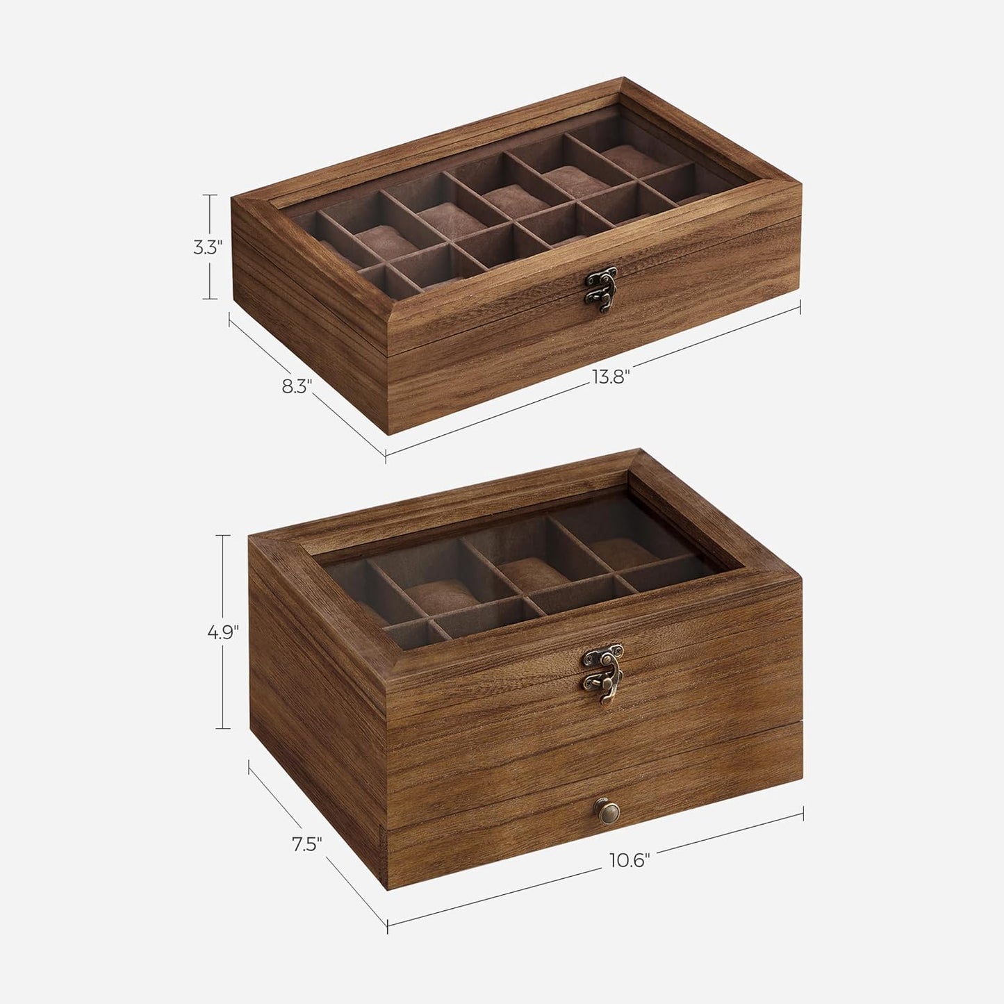 2 Items Bundle - Watch Boxes, 12-Slot Solid Wood Watch Box Organizer with Glass Lid, 2-Tier Watch Case with 8 Slots, Rustic Walnut UJOW008K01 and UJOW120K01