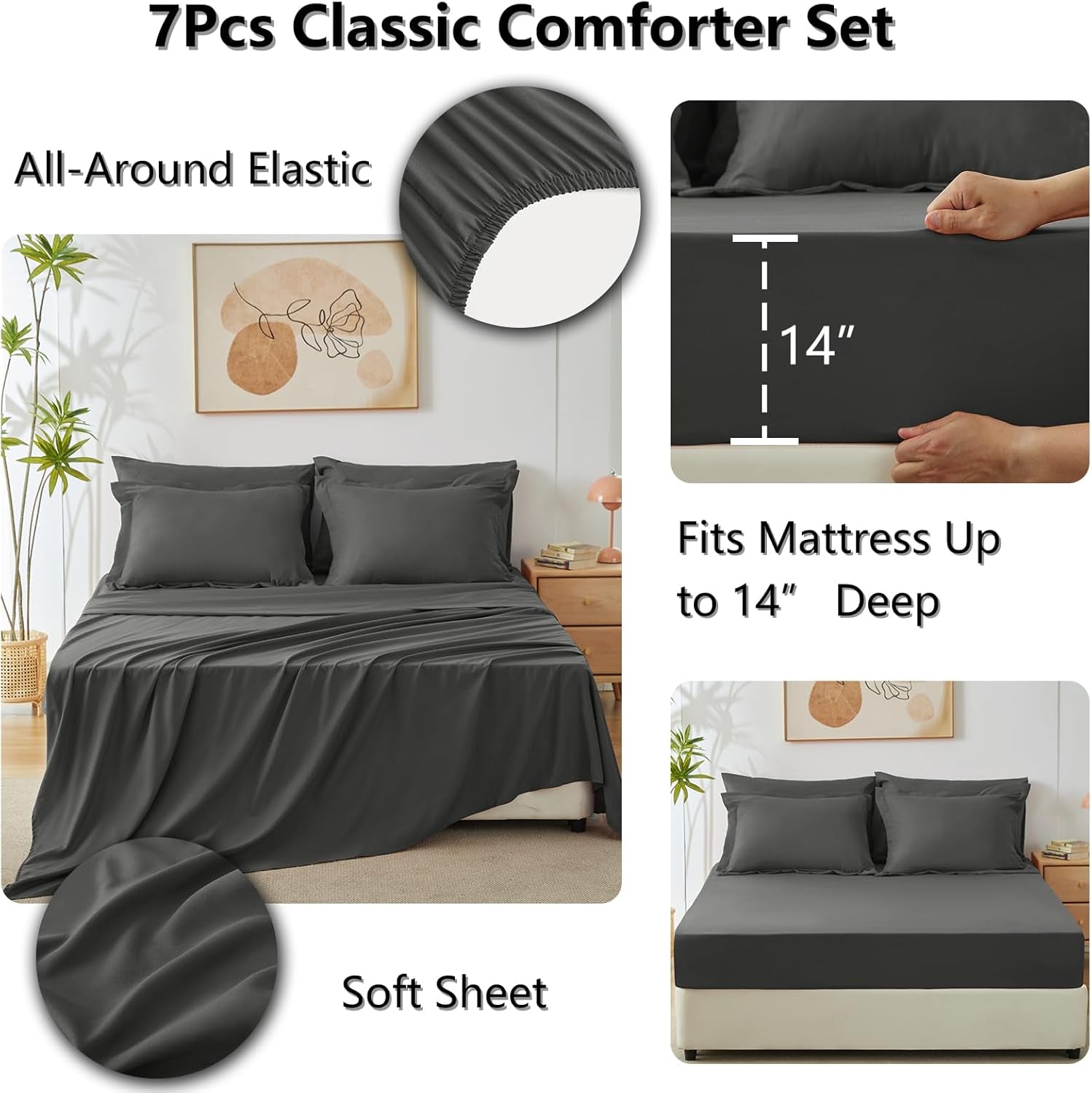 Queen Comforter Set Dark Grey - Bed in a Bag Queen Size 7 Pieces, Luxury Soft Bed Set for All Seasons, Bedding Set with down Alternative Comforter, Sheets, Pillowcases & Shams