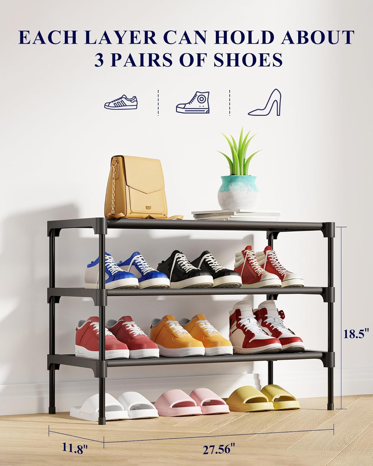 Shoe Rack - Non-Woven Shoe Rack Shelf, Shoe Organizer for Closet, Entryway, Garage & Corridor, Stackable Shoe Shelves, 27.5" Wide - 3 Tier, Black