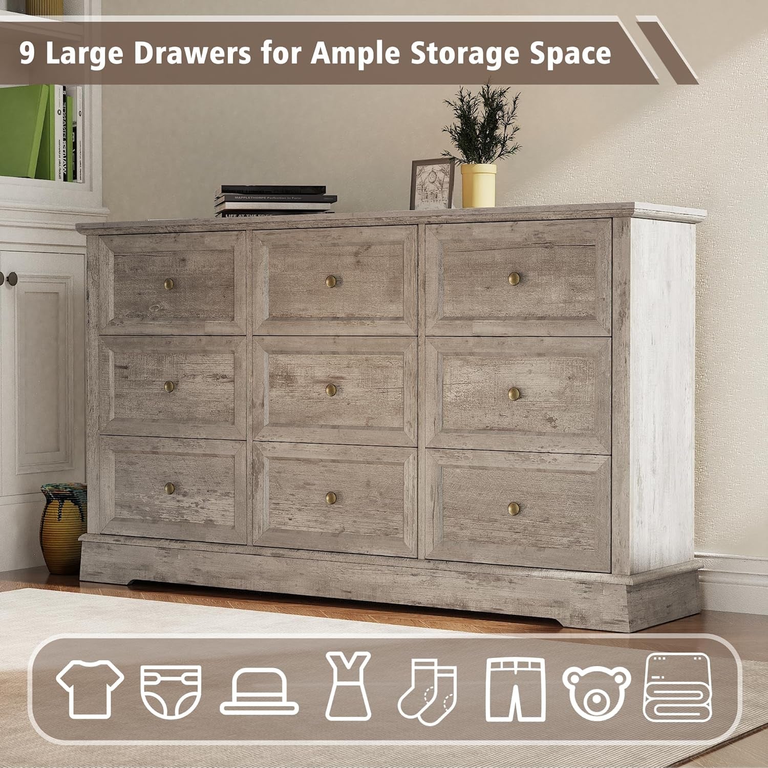 Dresser Bedroom Set of 4, 4 PCS Farmhouse Dressers Set, Included 53 Inch 9 Drawer Dresser, 5 Drawer Dresser and Nightstand Set of 2 with Charging Station,Bedroom Furniture Set (Gray)