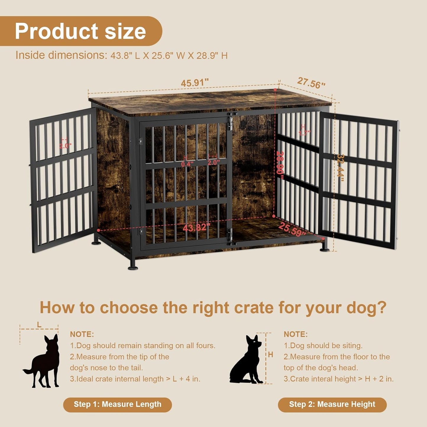46" Dog Crate Furniture with Wheels, XXL Heavy Duty Dog Kennel Indoor for XL Dogs, Metal Chew-Proof Dog Cage, 45.9" L X 27.6" W X 32.4" H, Decorate House as TV Stand, End Table — Rustic Brown