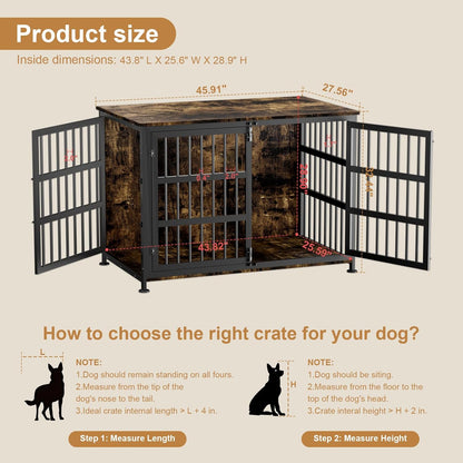 46" Dog Crate Furniture with Wheels, XXL Heavy Duty Dog Kennel Indoor for XL Dogs, Metal Chew-Proof Dog Cage, 45.9" L X 27.6" W X 32.4" H, Decorate House as TV Stand, End Table — Rustic Brown