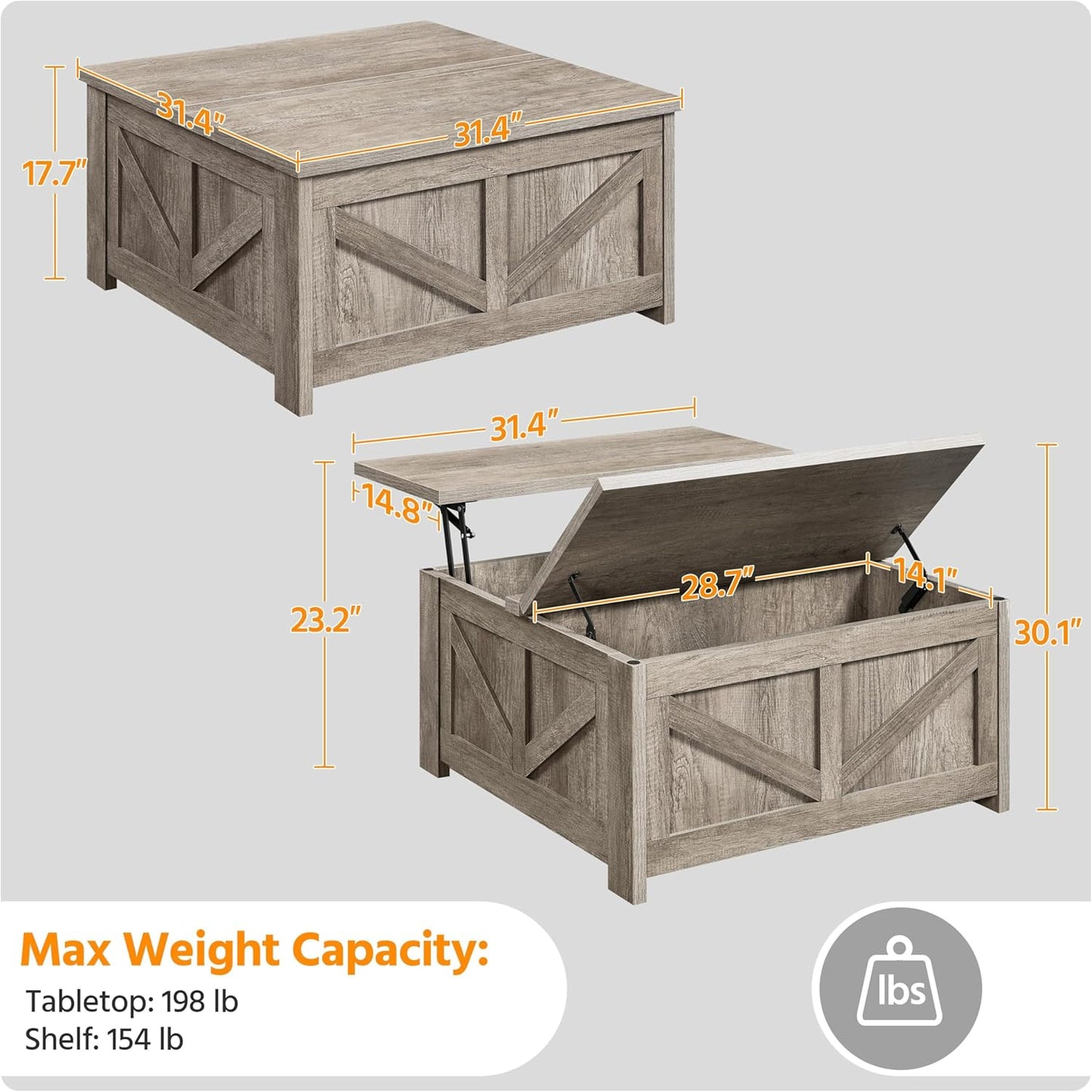 Lift Top Coffee Table, Square Farmhouse Coffee Table with Hidden Storage Compartment, Wood Center Table for Living Room, Home Office, Gray